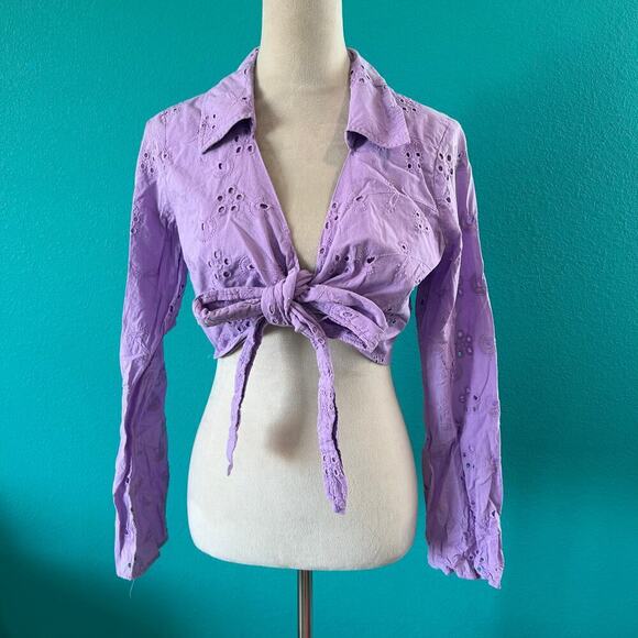 Ashley Park x RTR Purple Eyelet Top Collared Plunged Tie Waist Cropped Sze 6 - Picture 3 of 6